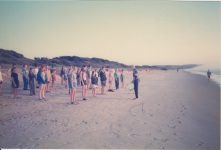 Practicing marching formation at the beach at the Band Camp in '98 in Lenox Head.